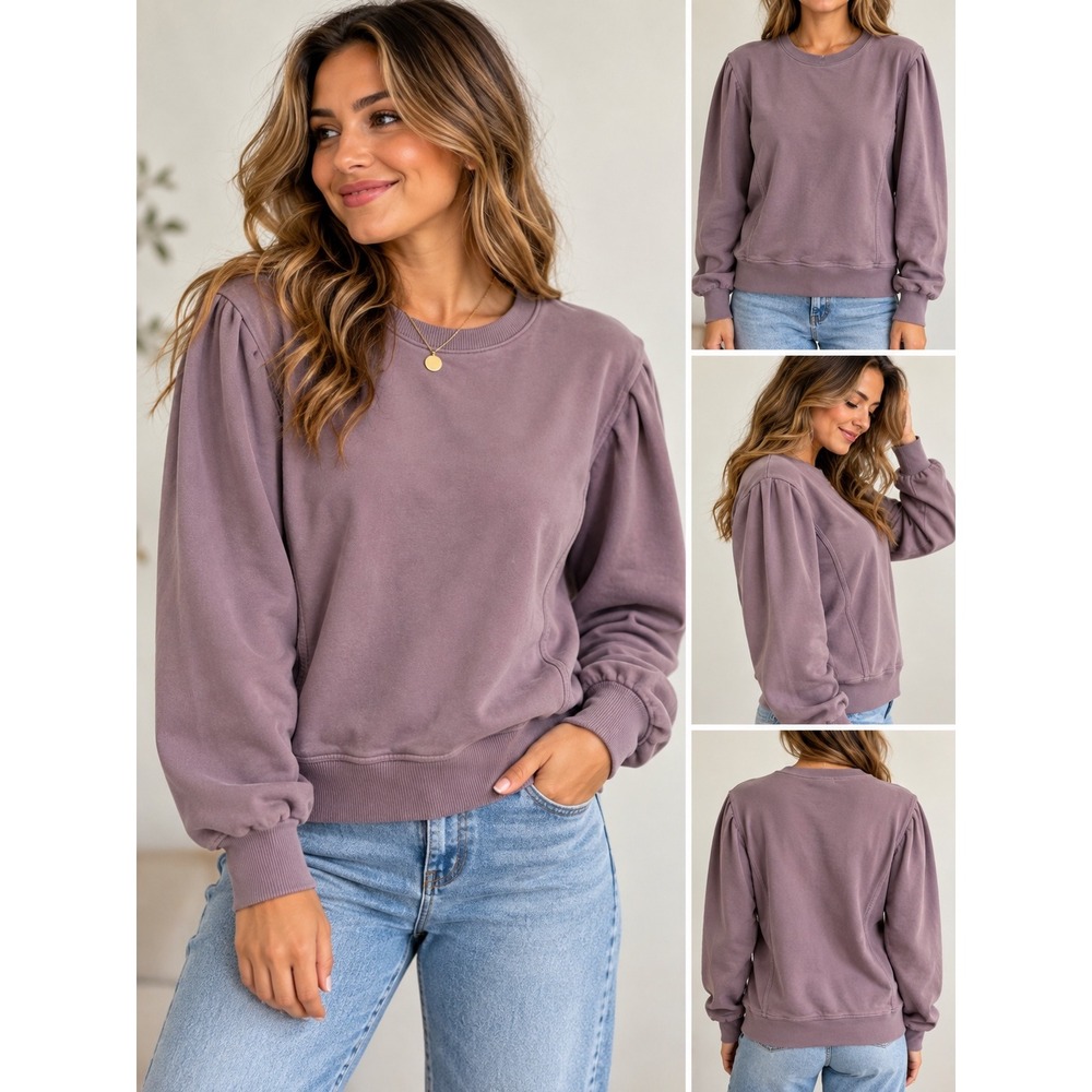 A New Day Mauve Purple Pleated Puff Sleeve Crewneck Sweatshirt Large